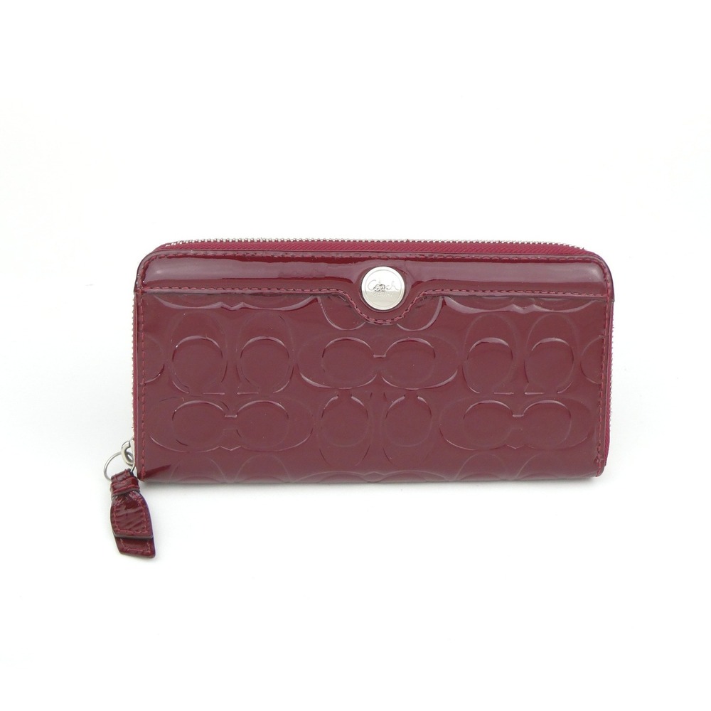 Coach Signature Embossed Bordeaux Patent Leather Accordion Zip Around Wallet